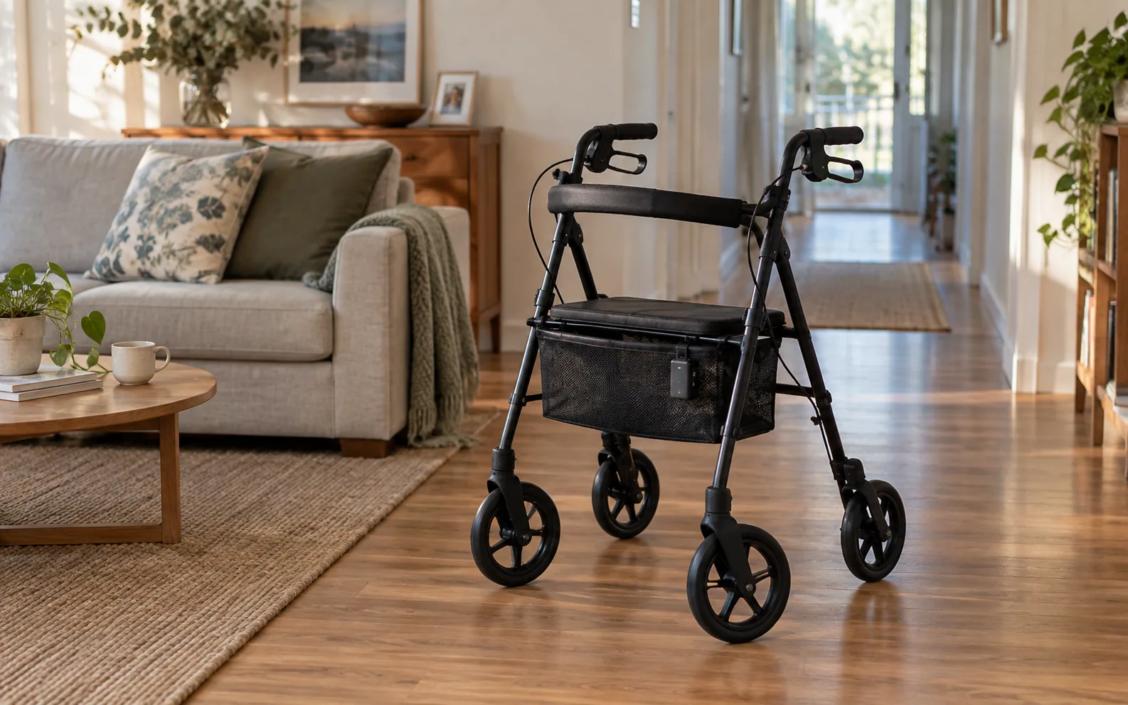 Concept image of a walker with a MAX prototype module in a home hallway