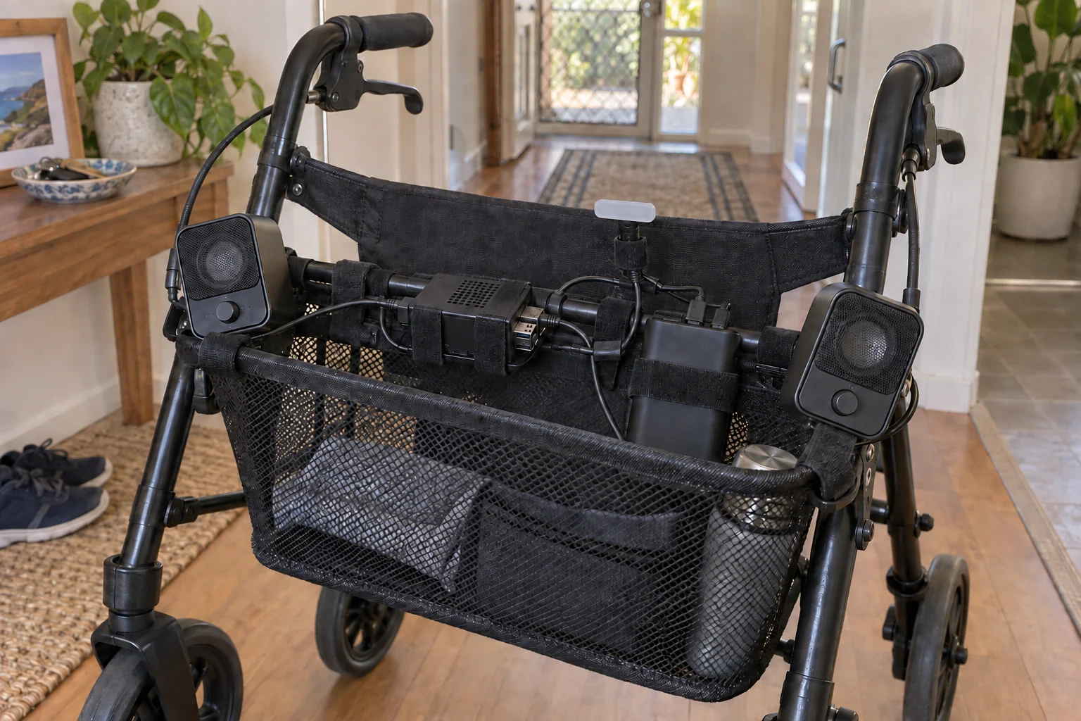 Concept image of a MAX prototype, including a locator light, mounted in a walker basket