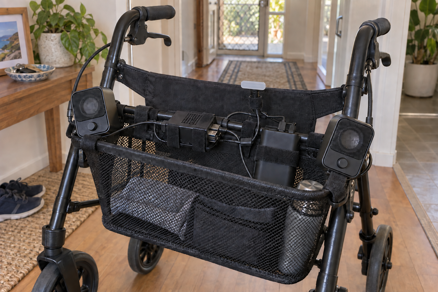 Concept image of a MAX prototype, including a locator light, mounted in a walker basket