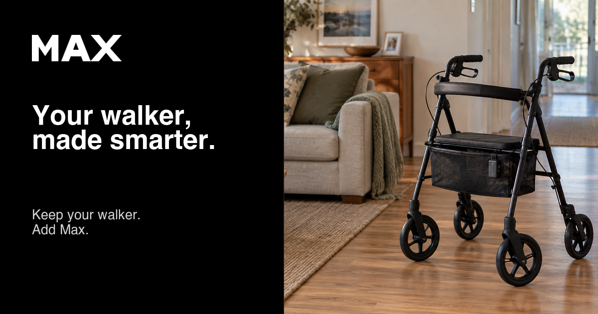 Promotional illustration for MAX, an assistive walker project; it is not a photograph or physical-use evidence.